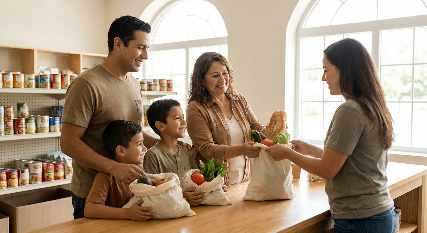 A family receiving bags of groceries and fresh produce at the food pantry