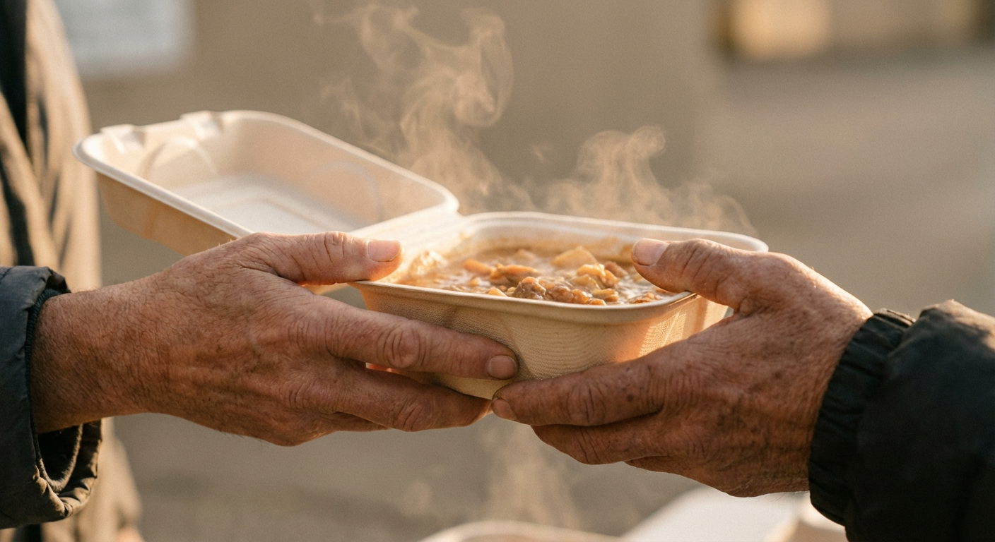 Hands passing a warm meal to a community member in need