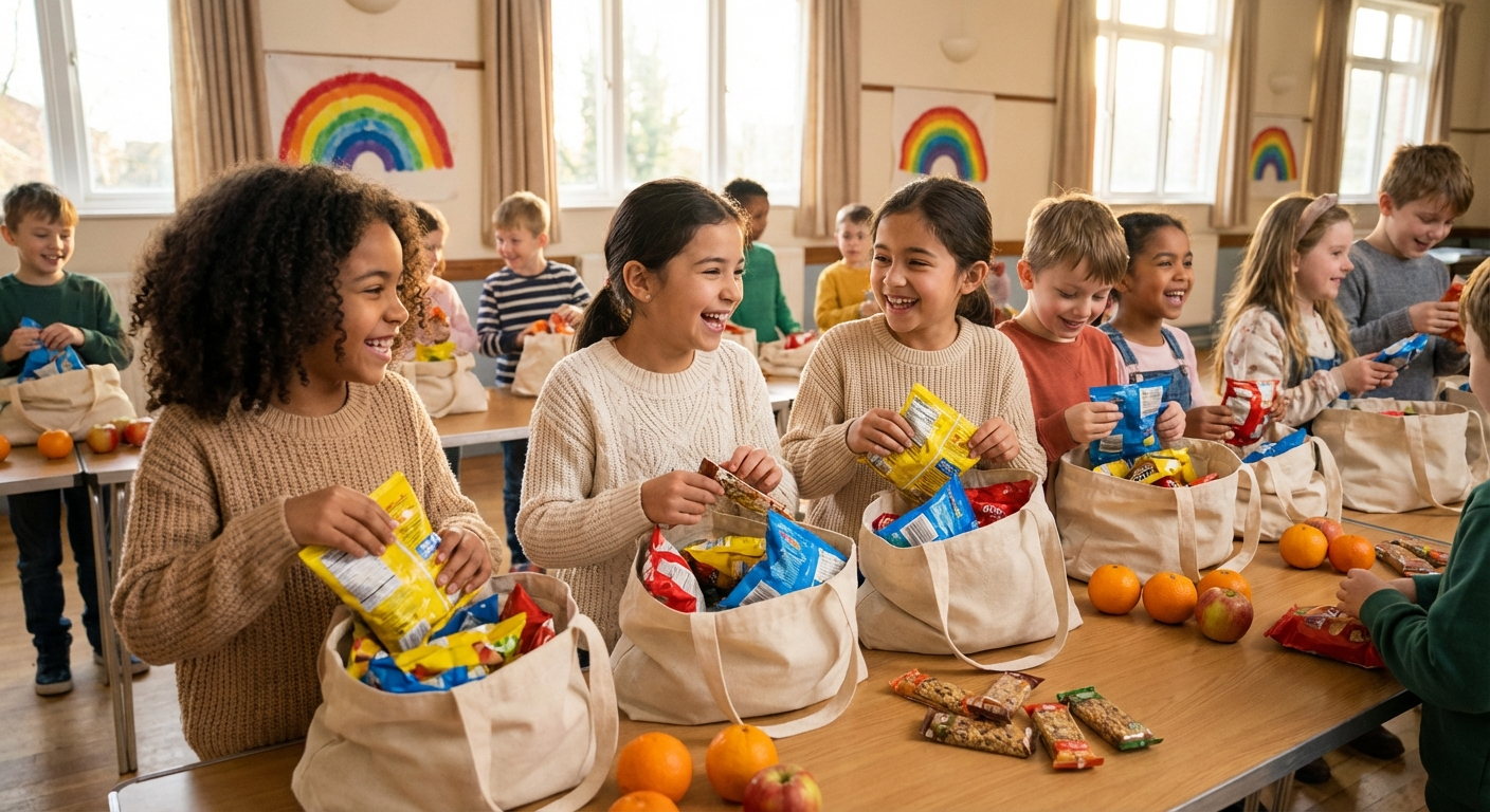 Children smiling as they receive snack packs filled with nutritious food at school