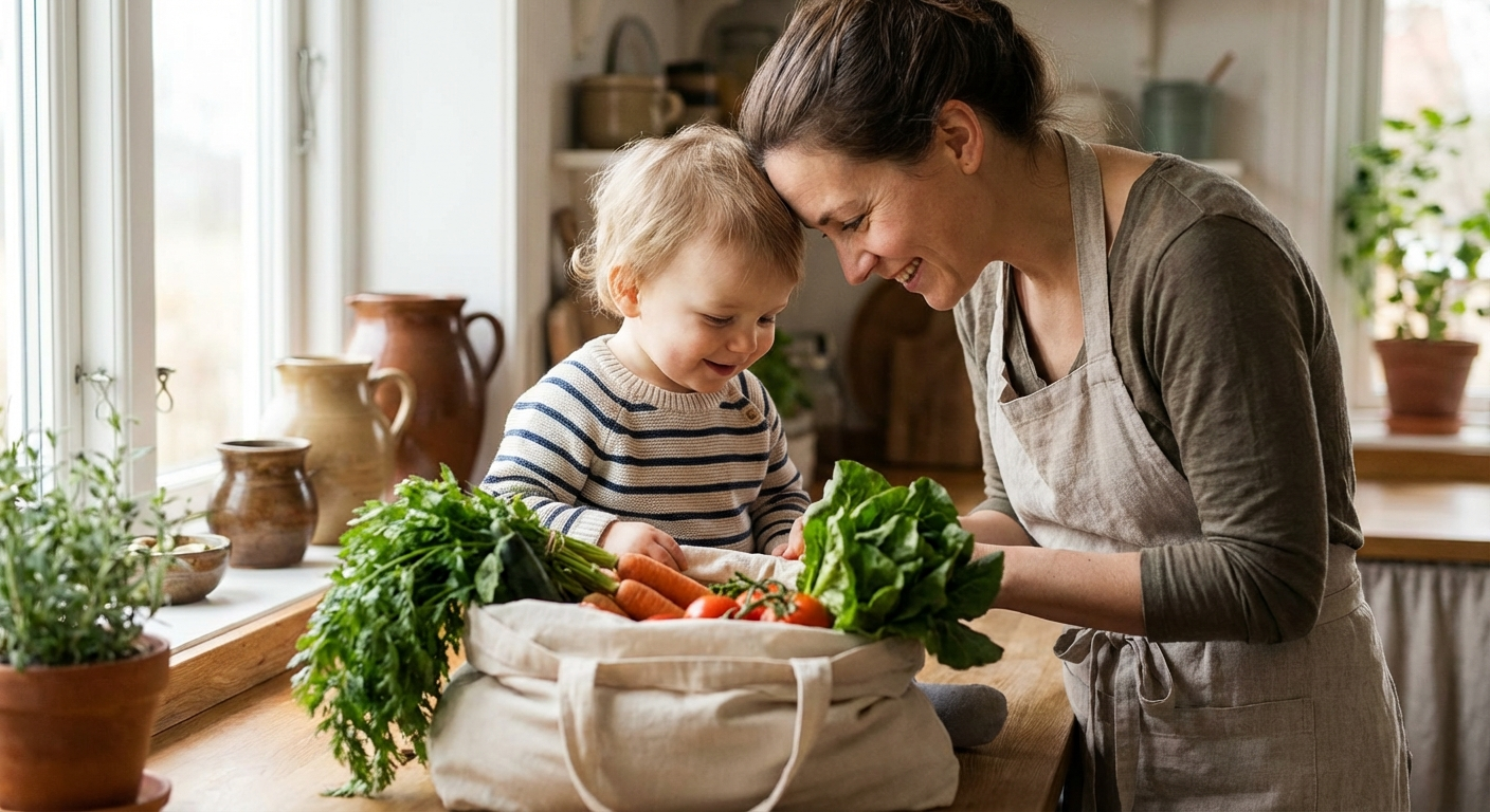 A mother and her young child smiling as they unpack fresh vegetables from the food pantry