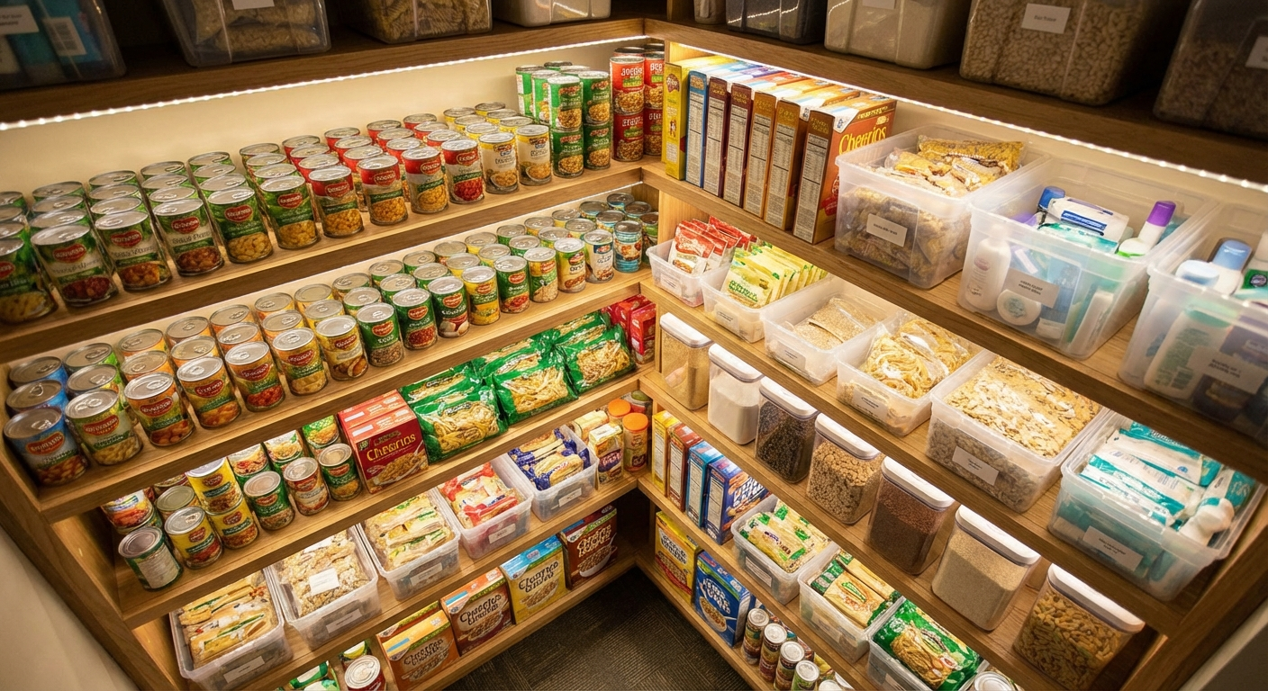 Well-stocked food pantry shelves with canned goods, pasta, and household essentials