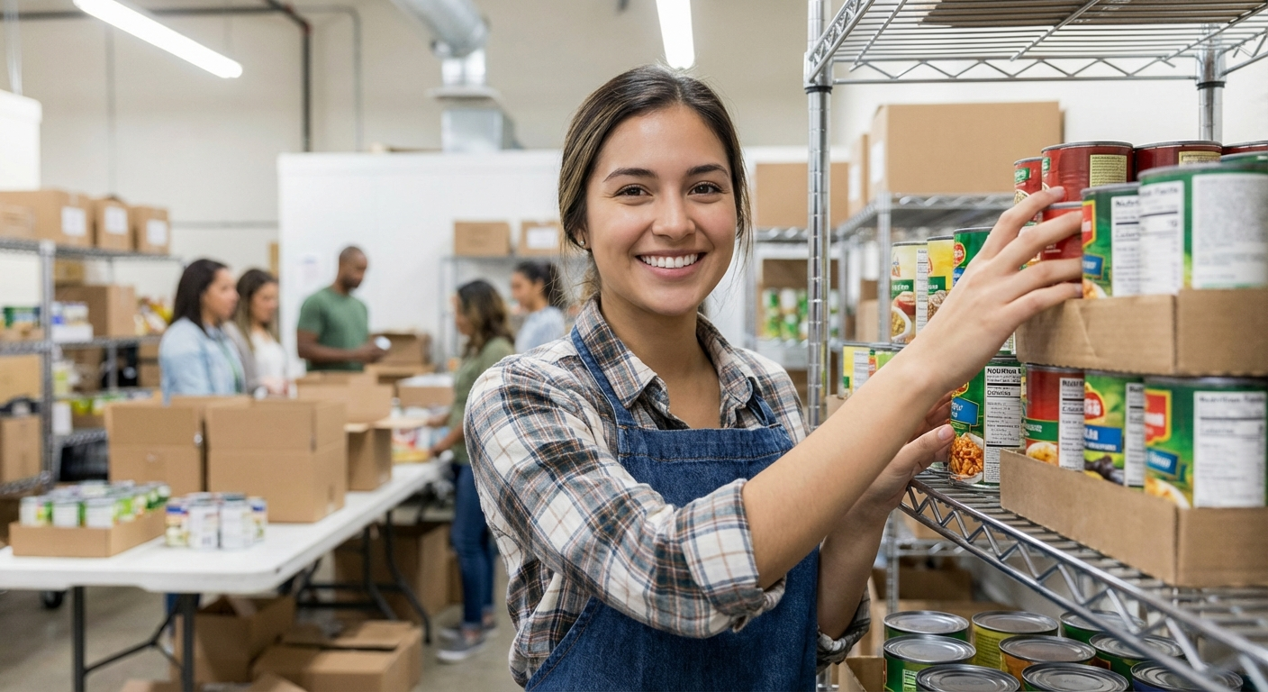 A young volunteer smiling while stocking shelves at the food pantry