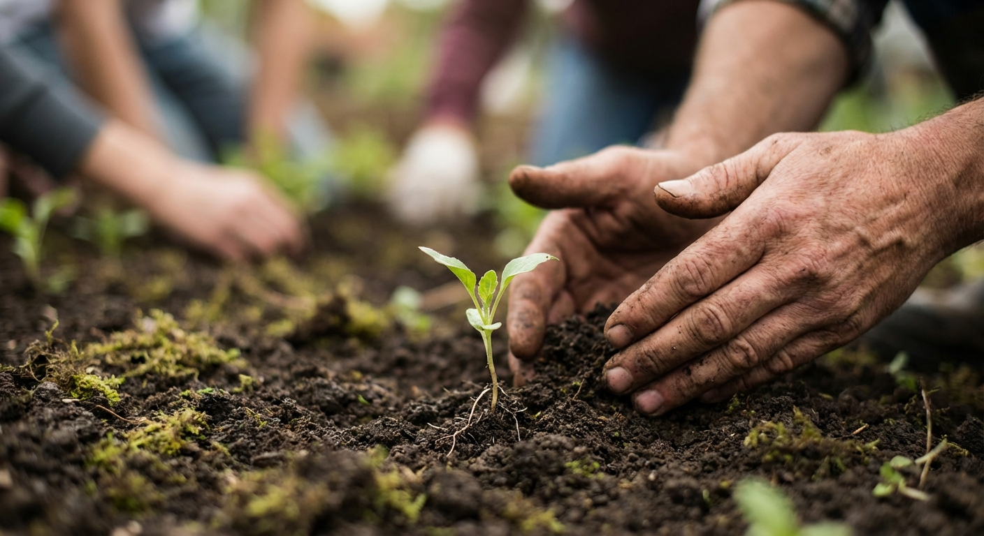 Hands planting a seedling in rich soil, representing growth and investment in the community
