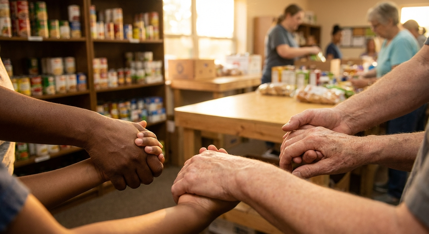 Volunteers joining hands together in a circle at the food pantry, symbolizing community partnership