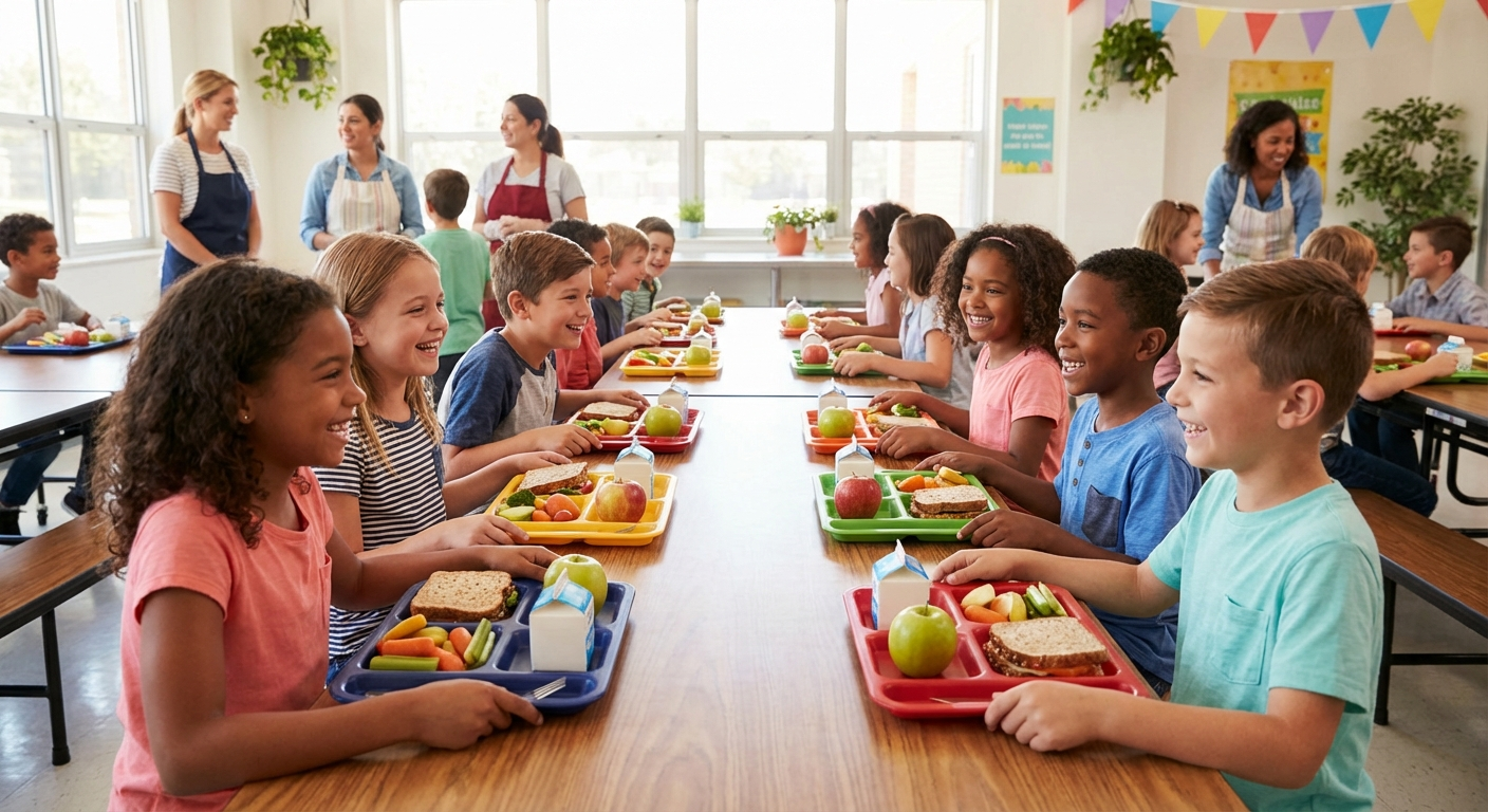 Children smiling and enjoying nutritious lunches together in a school cafeteria
