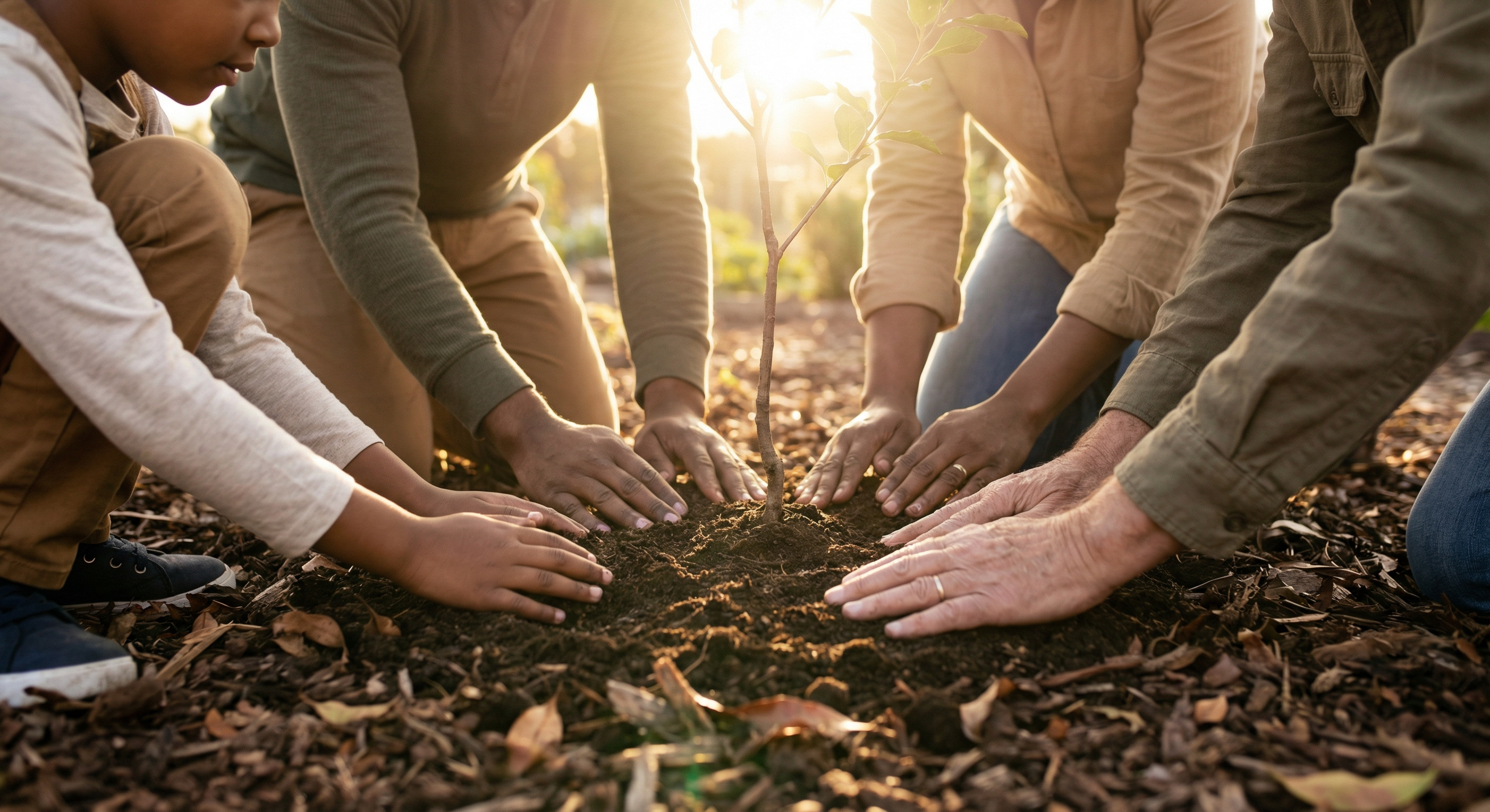 Community hands planting together, representing the roots of giving and collective impact